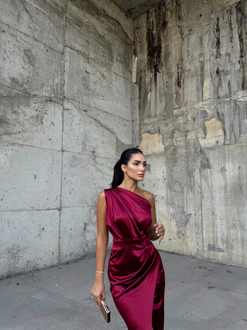 Fiona Tek Kol Drapeli Saten Abiye 582856 BORDO