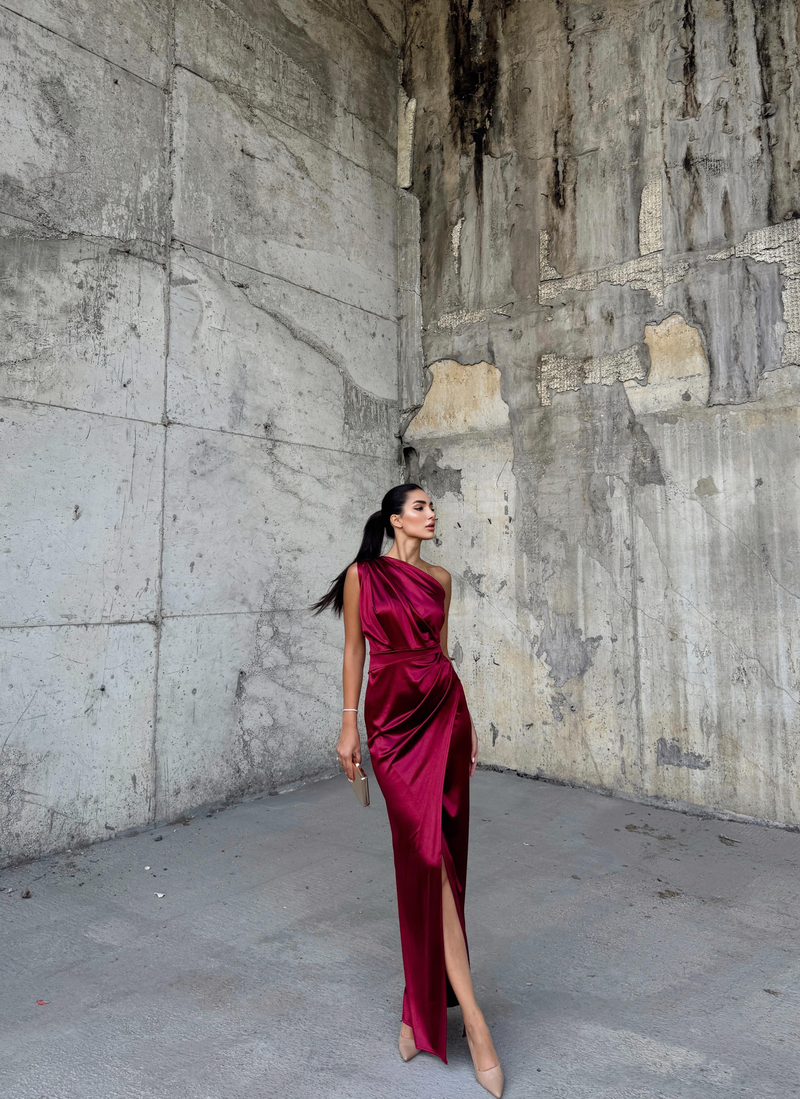 Fiona Tek Kol Drapeli Saten Abiye 582856 BORDO