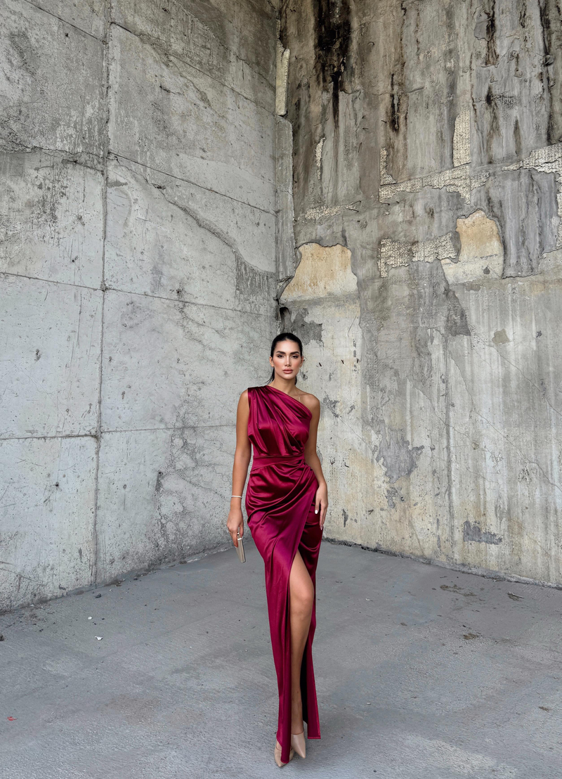 Fiona Tek Kol Drapeli Saten Abiye 582856 BORDO