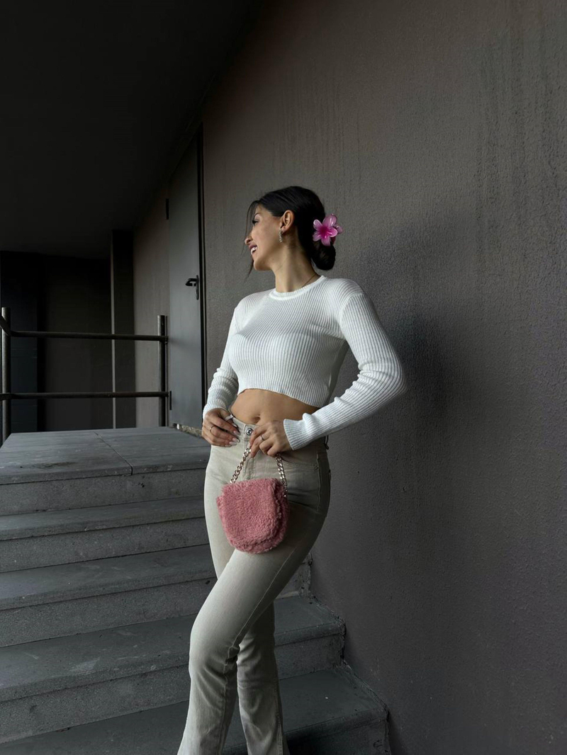 Hilly Fitilli Triko Crop 56687 BEYAZ