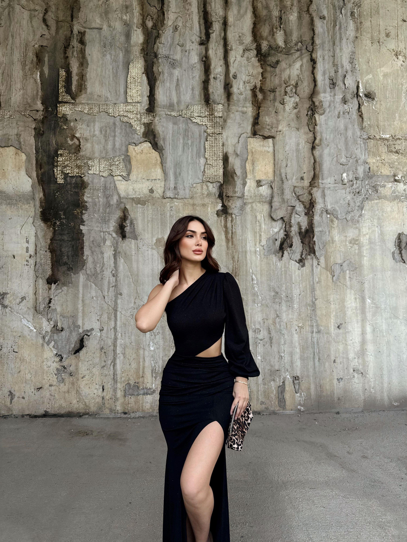 Kaira Tek Omuz Simli Abiye 583067 SİYAH