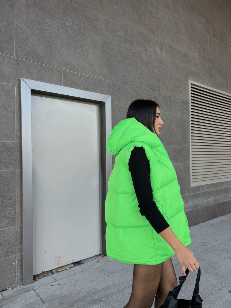 Oversize Fermuar Detay Kapitone Şişme Yelek 2023 NEON YEŞİL