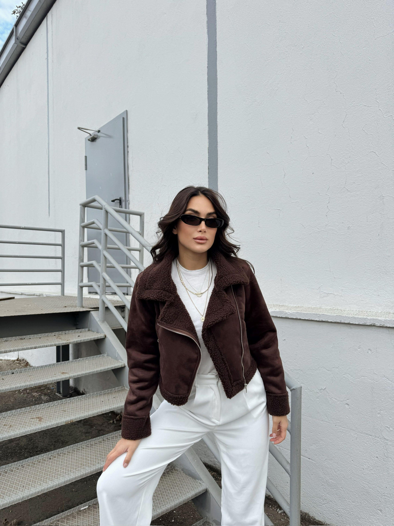 Peluş Kaplama Süet Crop Kaban ACI KAHVE