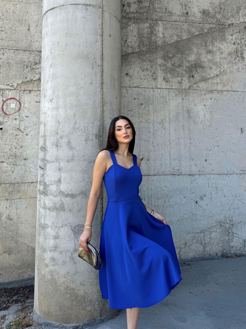 Yankı Kalın Askılı Kloş Midi Elbise 581800 SAKS MAVİSİ