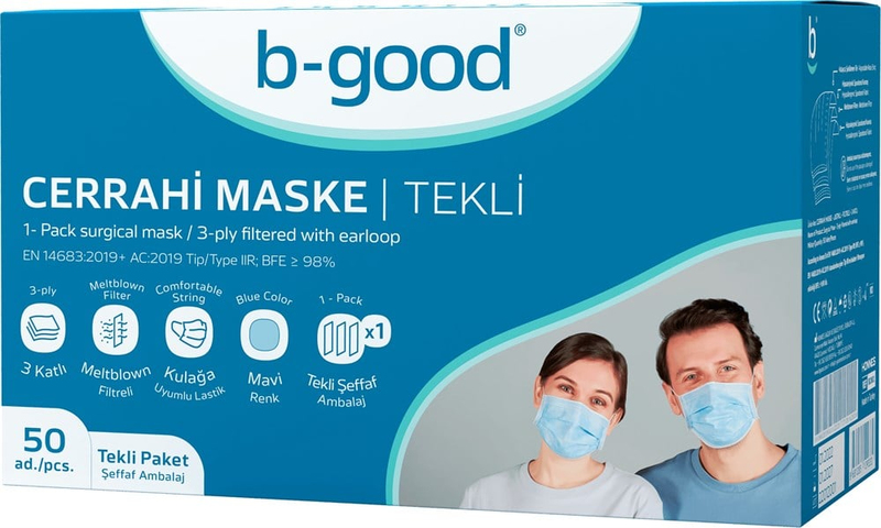 B-Good Cerrahi Maske-Lastikli (Filtreli 3 Katlı) 50 Adet (1KUTU)
