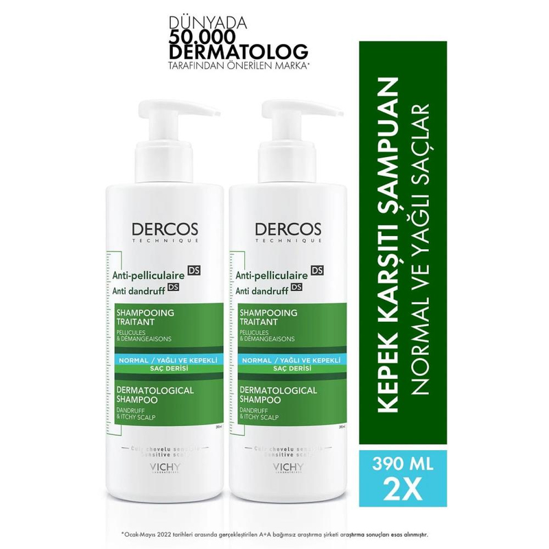 Vichy Dercos Anti Dandruff Kepek Karşıtı Şampuan 390 ml x2 - Normal ve Yağlı Saçlar