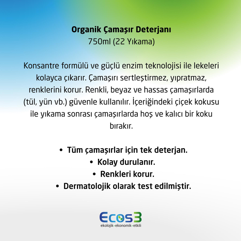 Ecos3 Organik Çamaşır Deterjanı 22 Yıkama - 750 ml