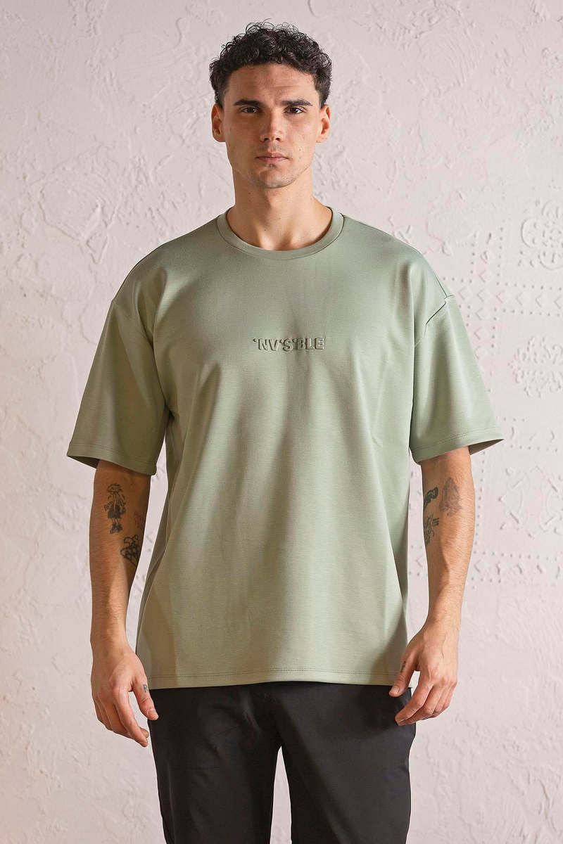 Bisiklet Yaka INVISIBLE Baskılı Oversize Erkek T-shirt