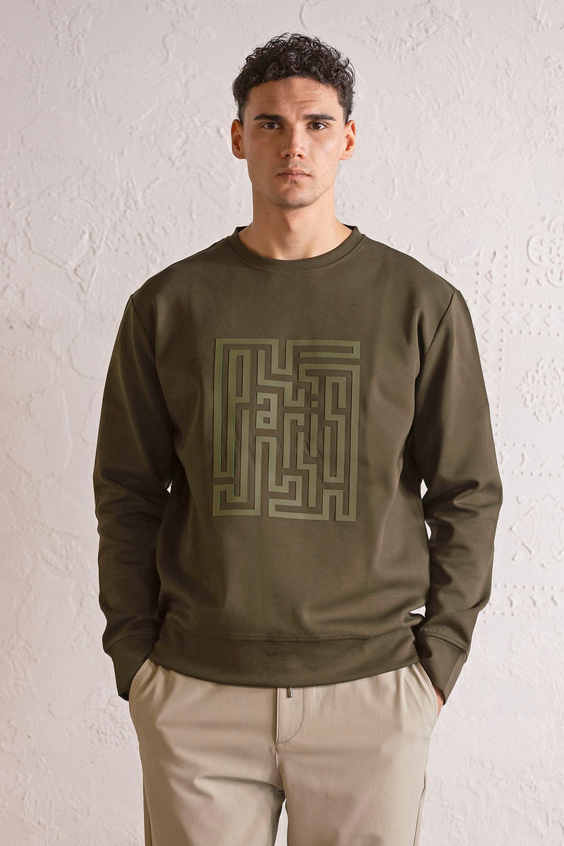 Bisiklet Yaka Kabartma Baskılı Erkek Sweatshirt