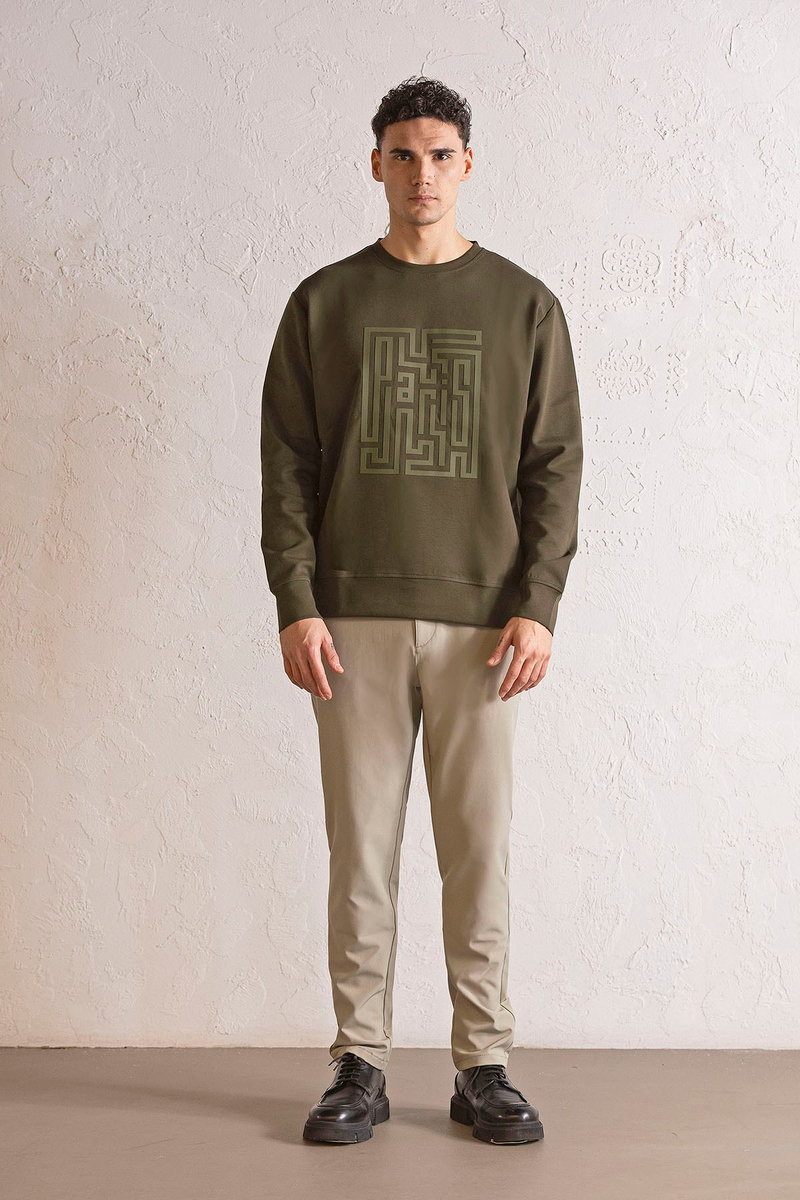 Bisiklet Yaka Kabartma Baskılı Erkek Sweatshirt