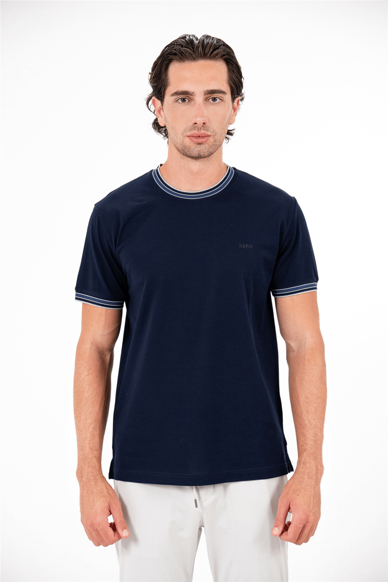 Bisiklet Yaka Kol Ve Yakada Çizgi Detaylı Erkek T-shirt