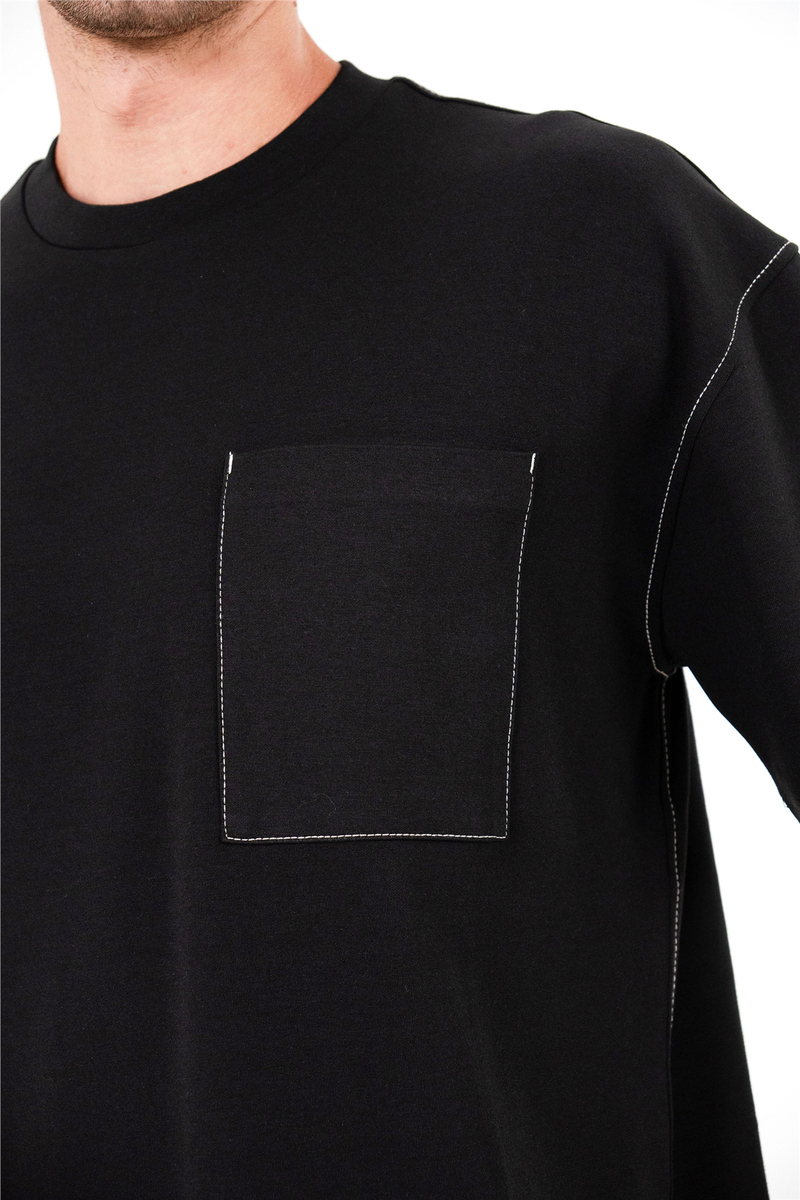 Bisiklet Yaka Kontrast Dikişli Cepli Erkek T-shirt