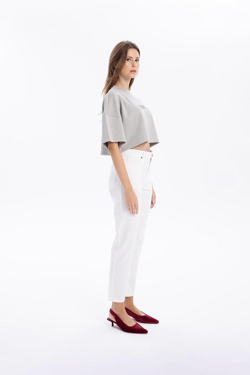 Bisiklet Yaka Ön Flexi Baskılı Kadın Crop