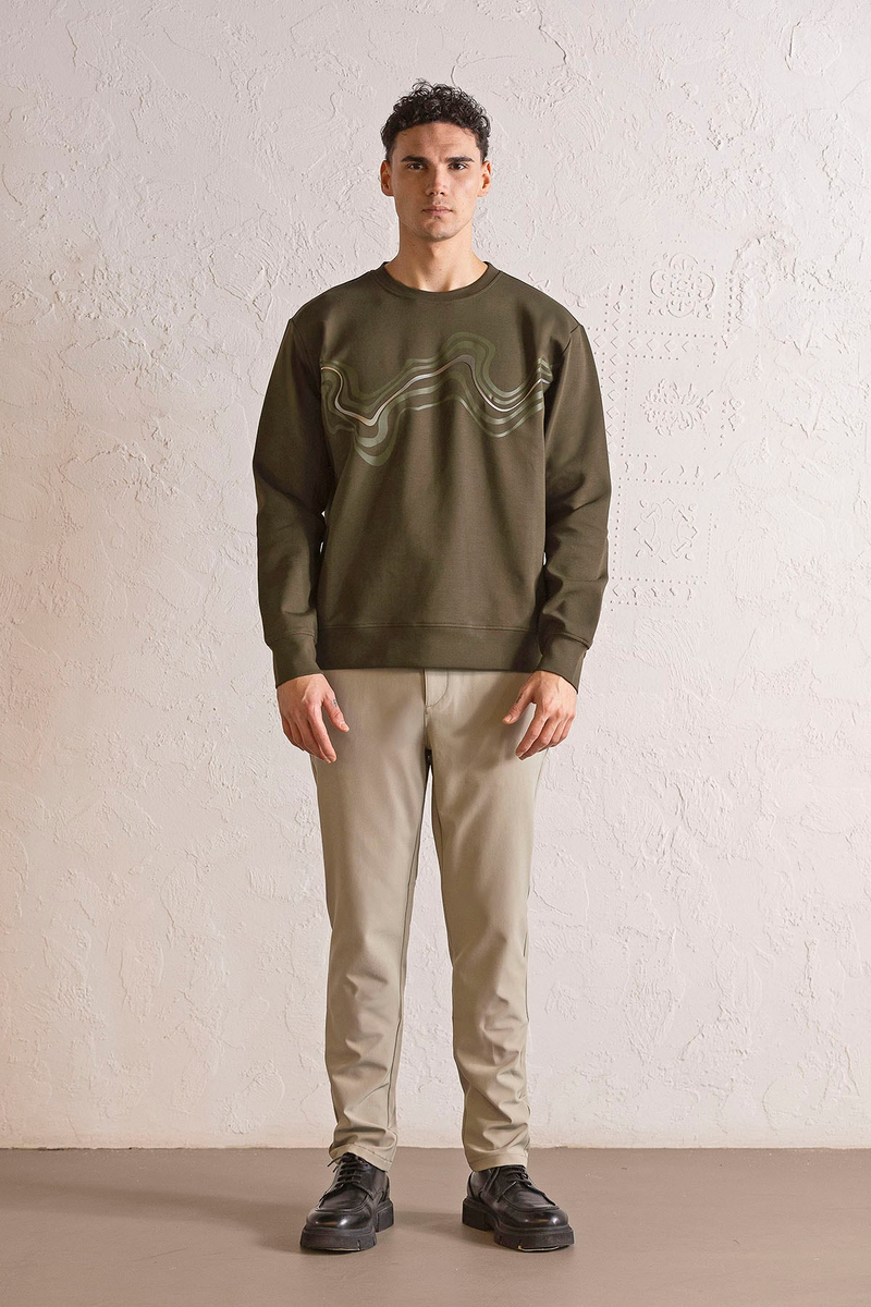 Bisiklet Yaka Önü Dalga Baskılı Erkek Sweatshirt