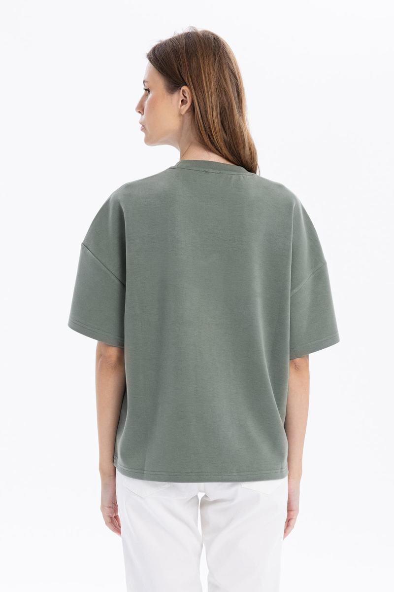 Bisiklet Yaka Oversize Emboss Baskılı Kadın T-shirt