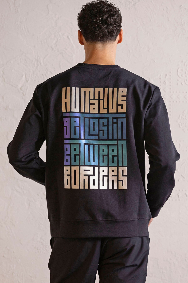 Bisiklet Yaka Sırtı ve Göğsü Baskılı Erkek Sweatshirt