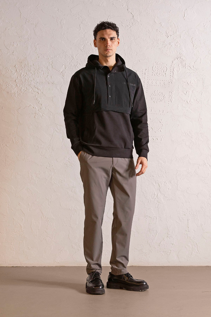 Kapüşonlu Fermuar ve Çıtçıt Detaylı Garnili Erkek Sweatshirt