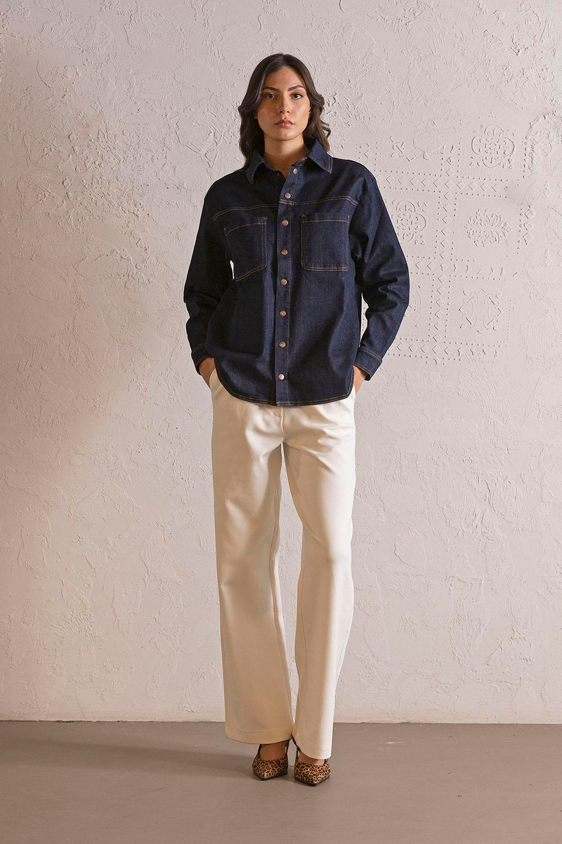 Oversize Çıtçıtlı Denim Kadın Gömlek