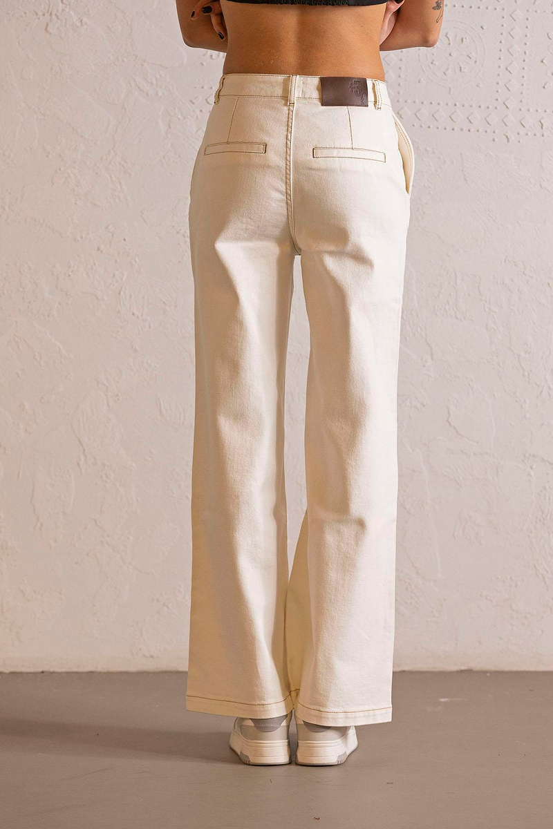 Wide Leg Ekru Denim Pantolon