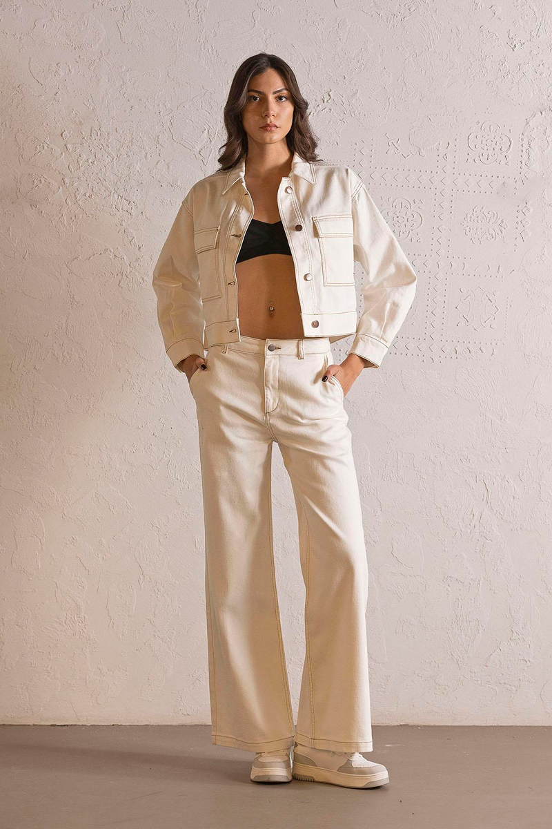 Wide Leg Ekru Denim Pantolon