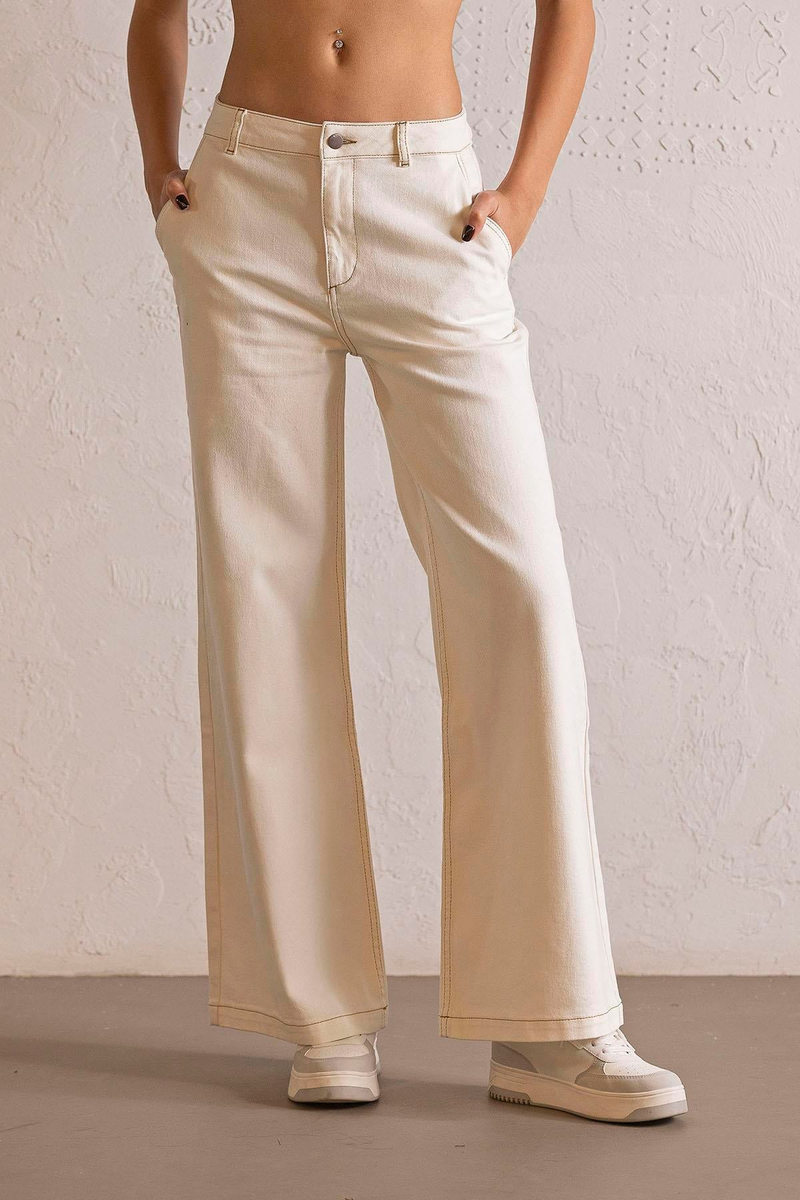 Wide Leg Ekru Denim Pantolon