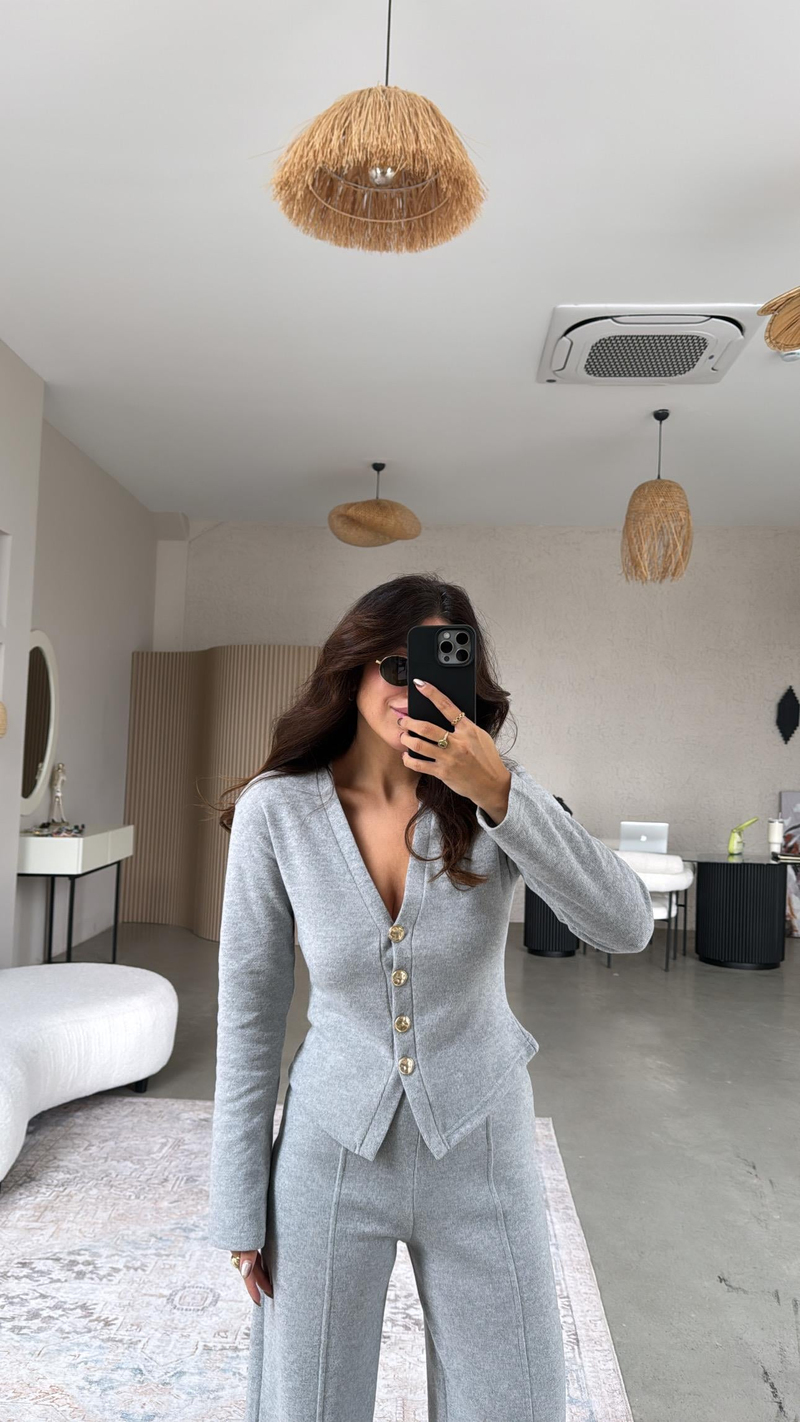 Açık Gri Selanik Triko ZR model Hırka Pantolon Takım