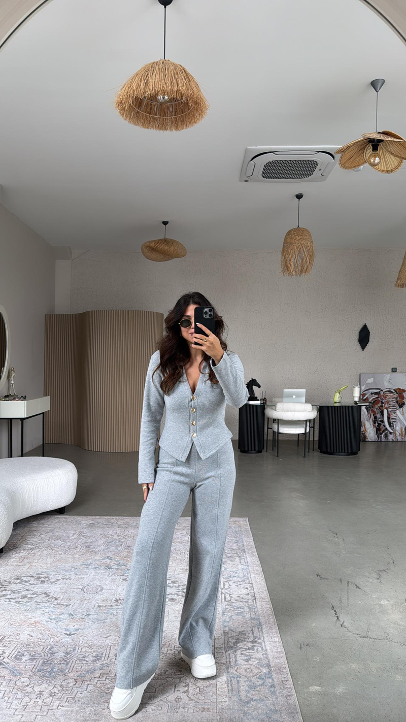 Açık Gri Selanik Triko ZR model Hırka Pantolon Takım