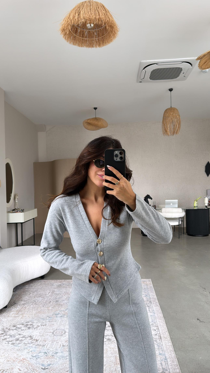 Açık Gri Selanik Triko ZR model Hırka Pantolon Takım