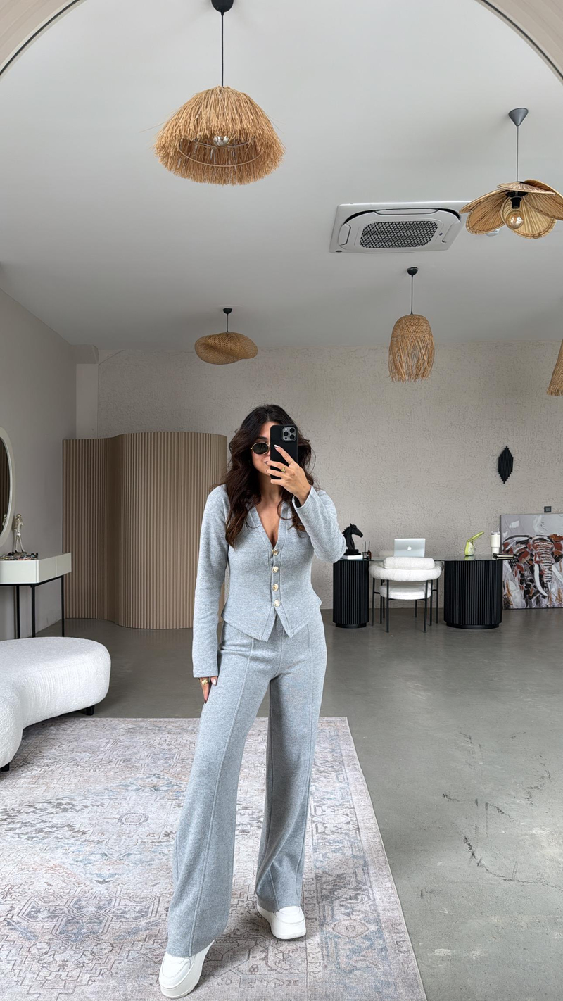 Açık Gri Selanik Triko ZR model Hırka Pantolon Takım