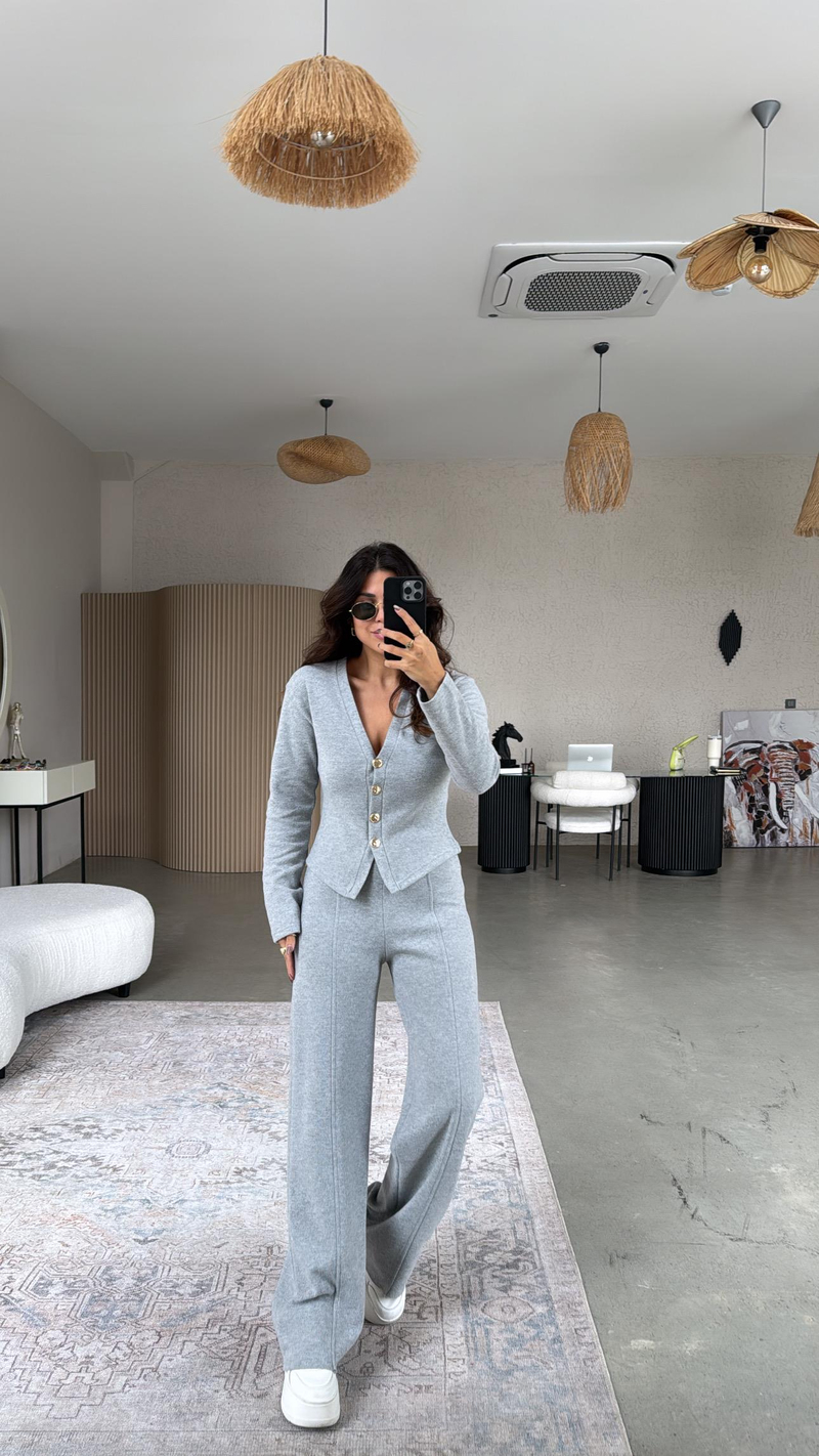 Açık Gri Selanik Triko ZR model Hırka Pantolon Takım
