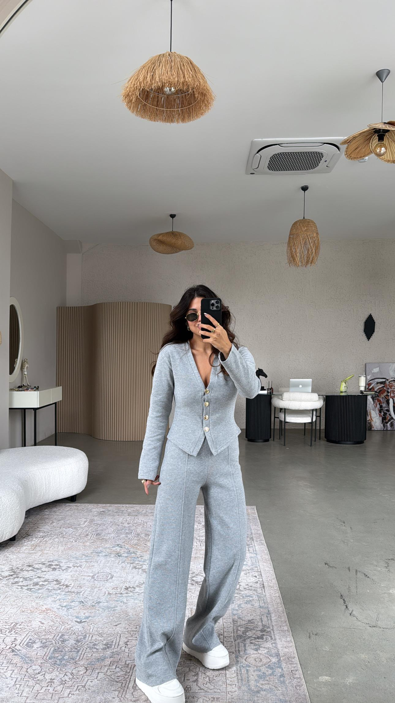 Açık Gri Selanik Triko ZR model Hırka Pantolon Takım