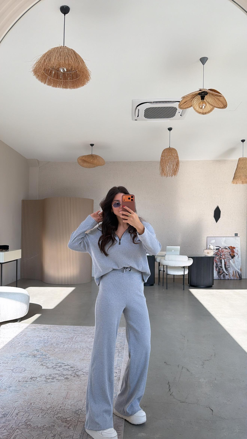 Açık Gri Yarım Fermuarlı Fitilli Basic Takım