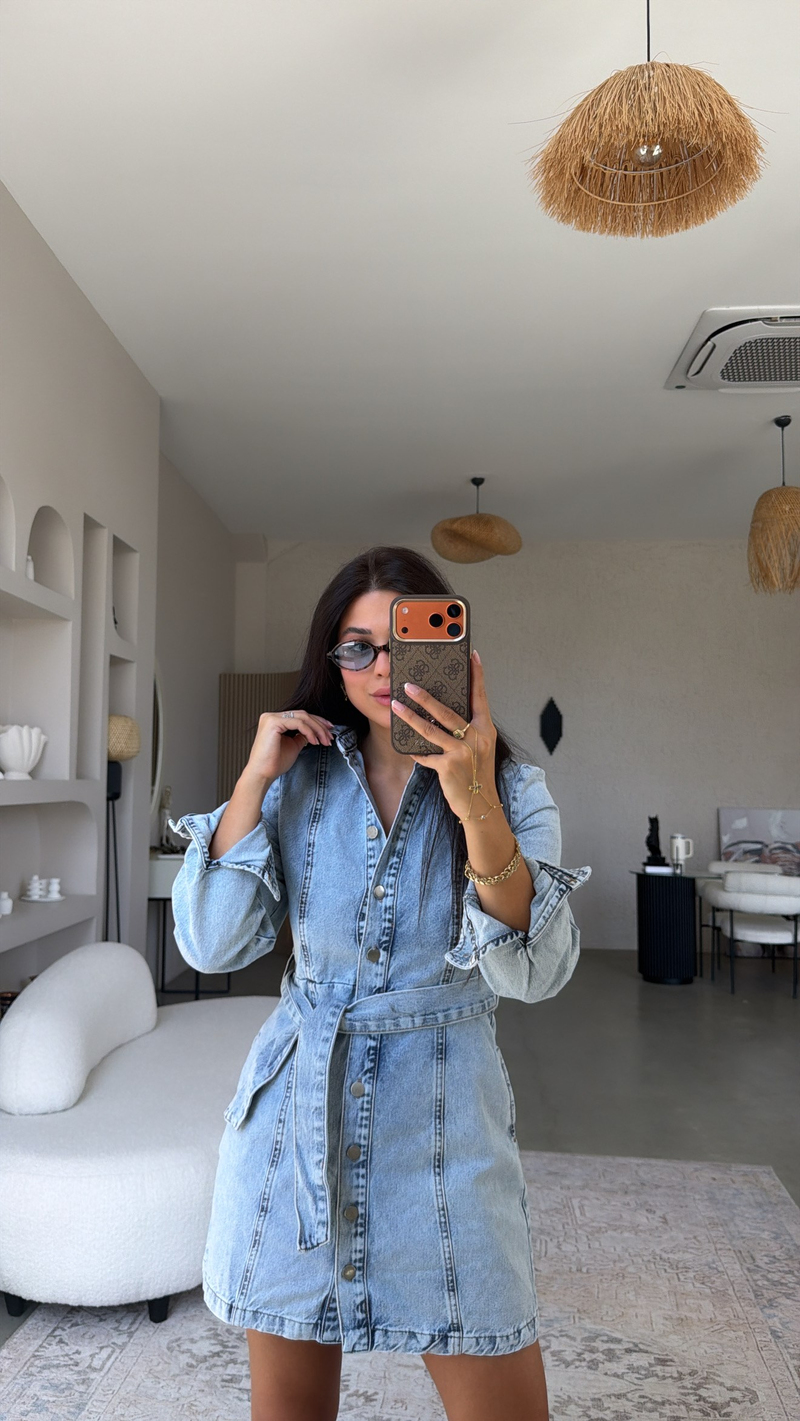 Açık Renk Denim Mini Elbise