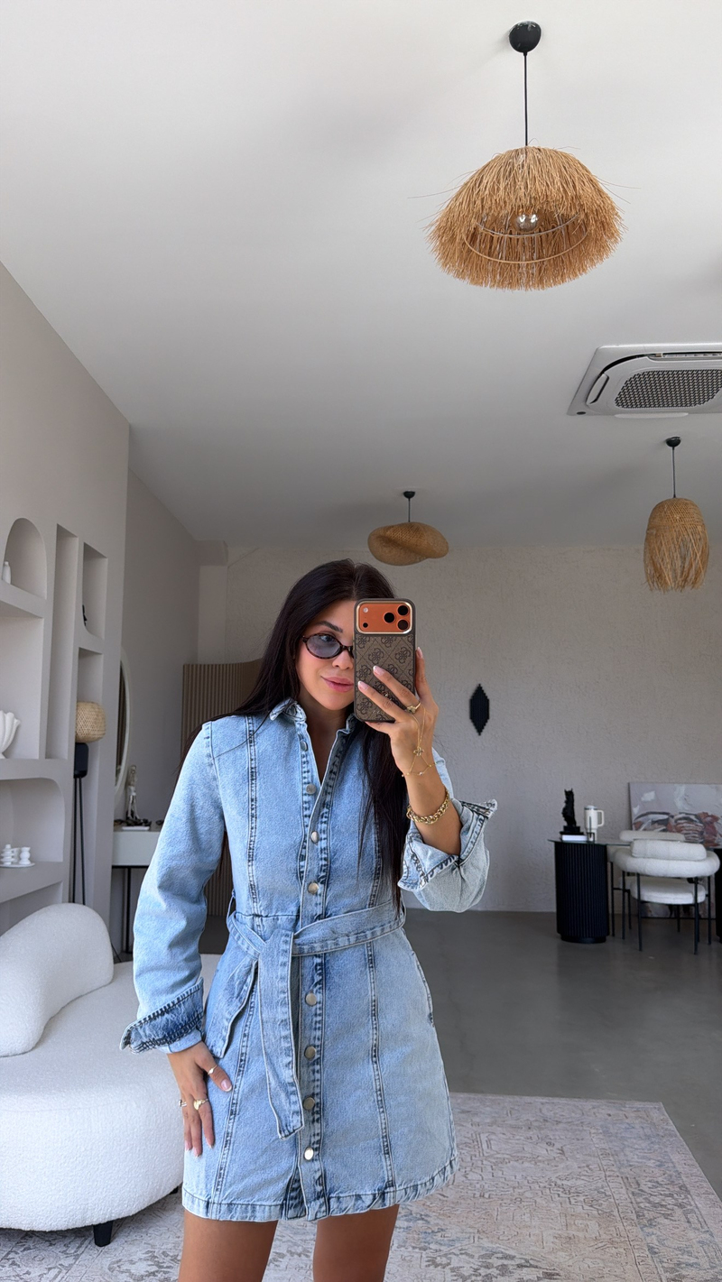 Açık Renk Denim Mini Elbise