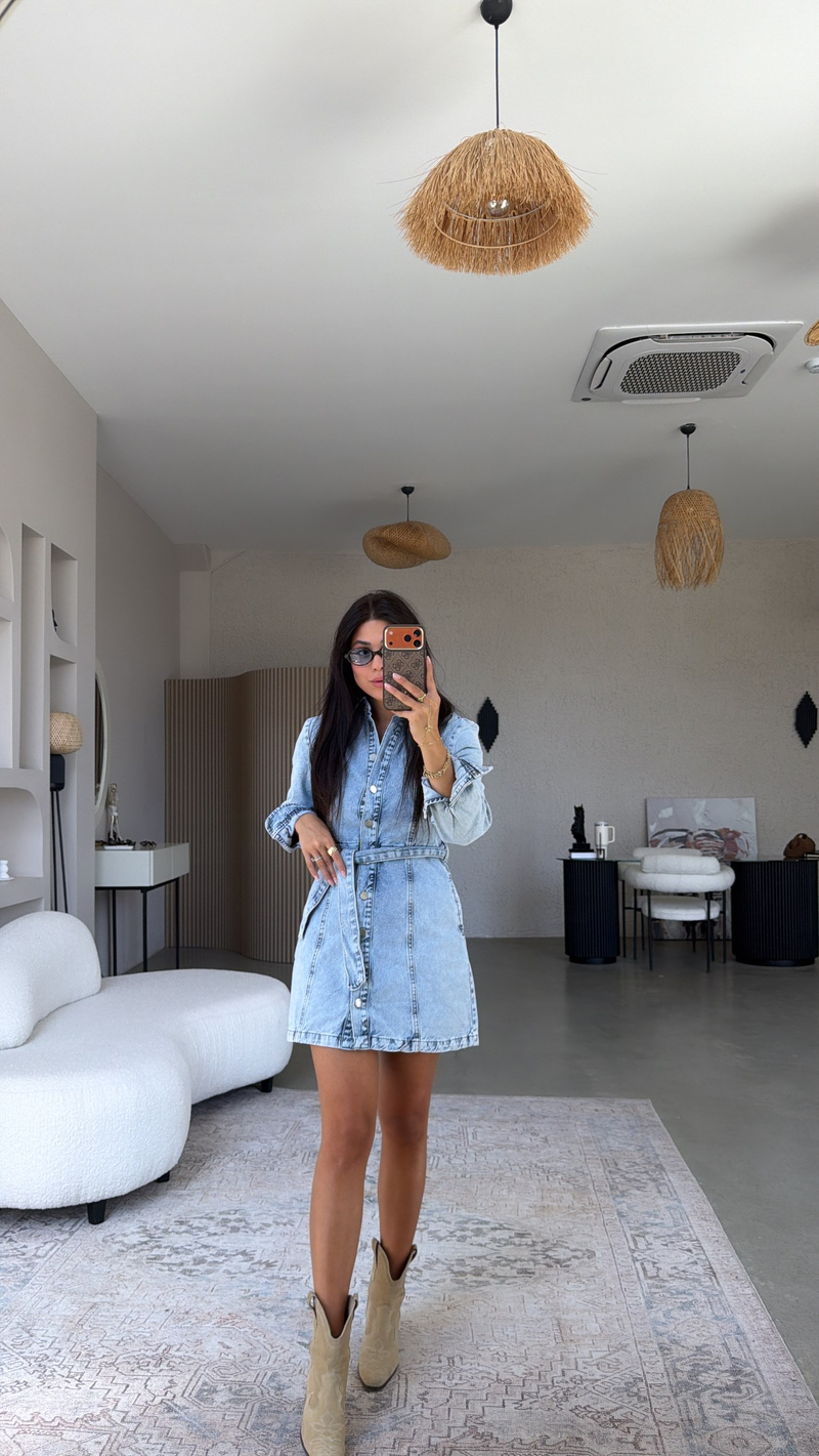 Açık Renk Denim Mini Elbise