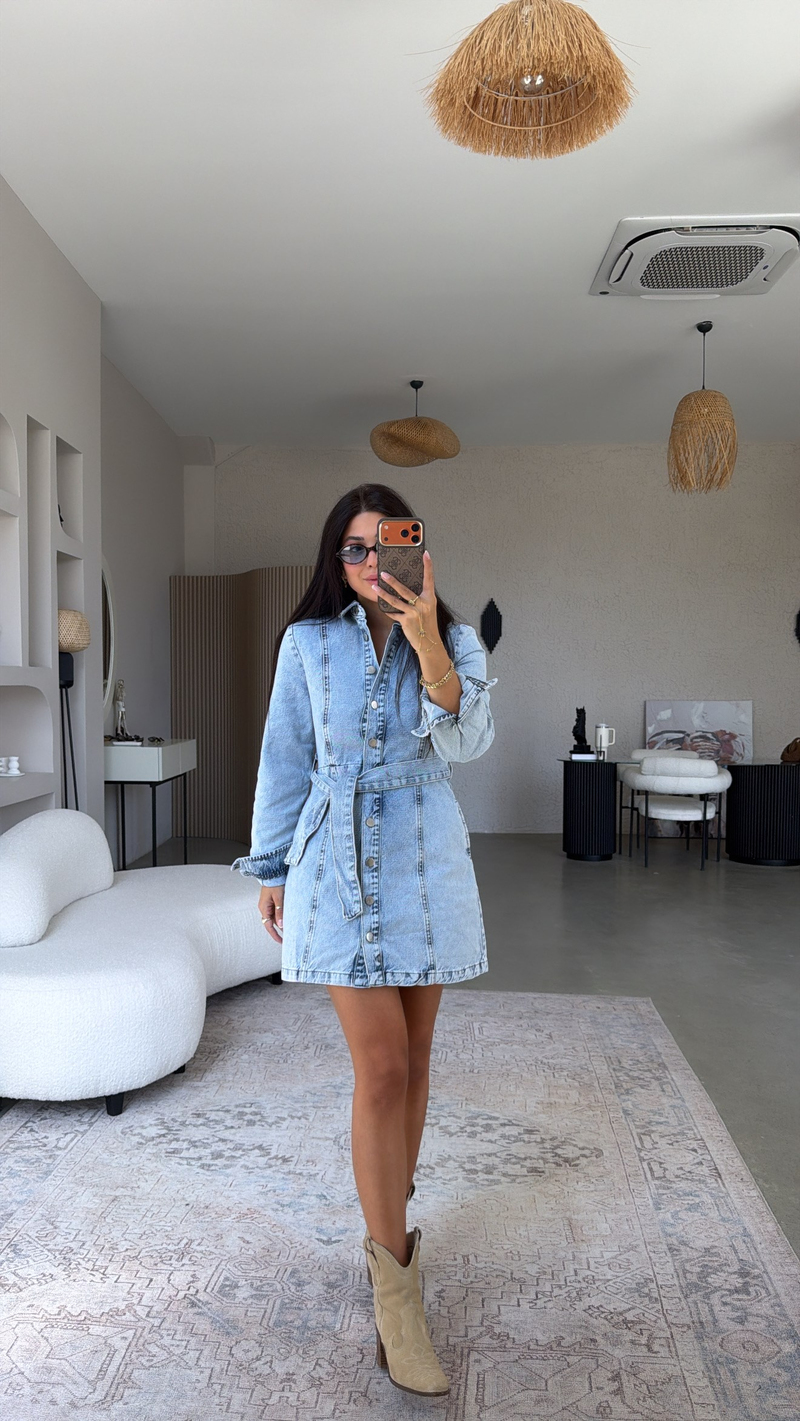 Açık Renk Denim Mini Elbise