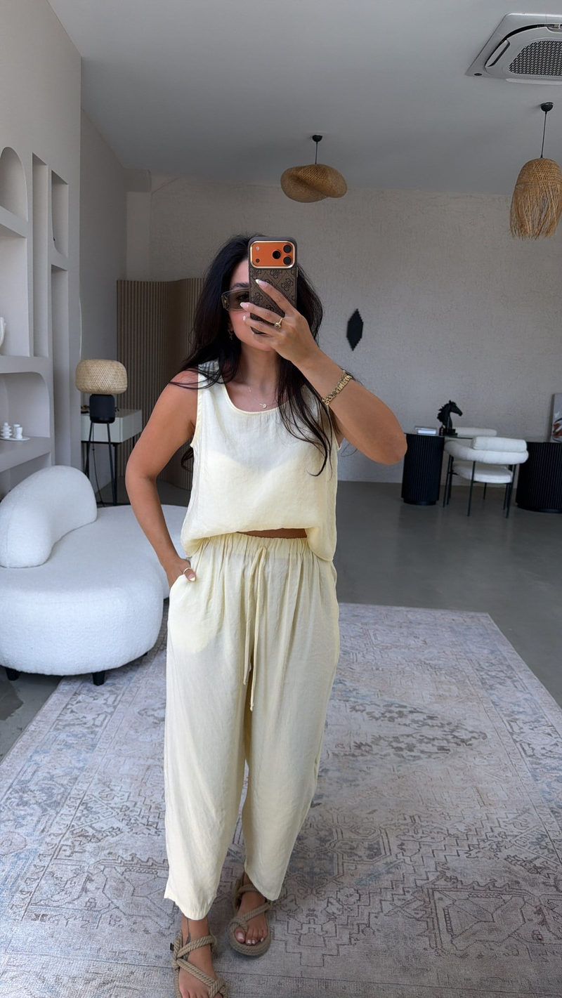 Açık Sarı Tensel Atlet Pantolon Basic Takım