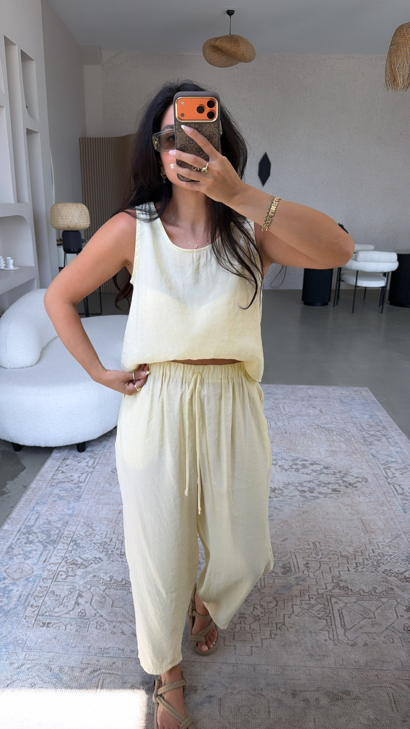 Açık Sarı Tensel Atlet Pantolon Basic Takım