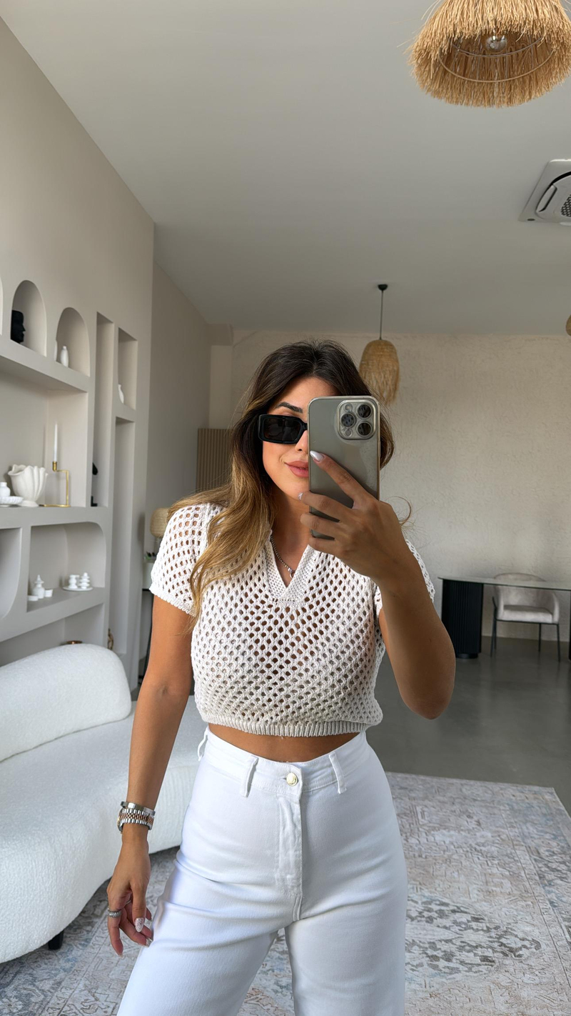 Ajur Kısa Kol Crop Bluz