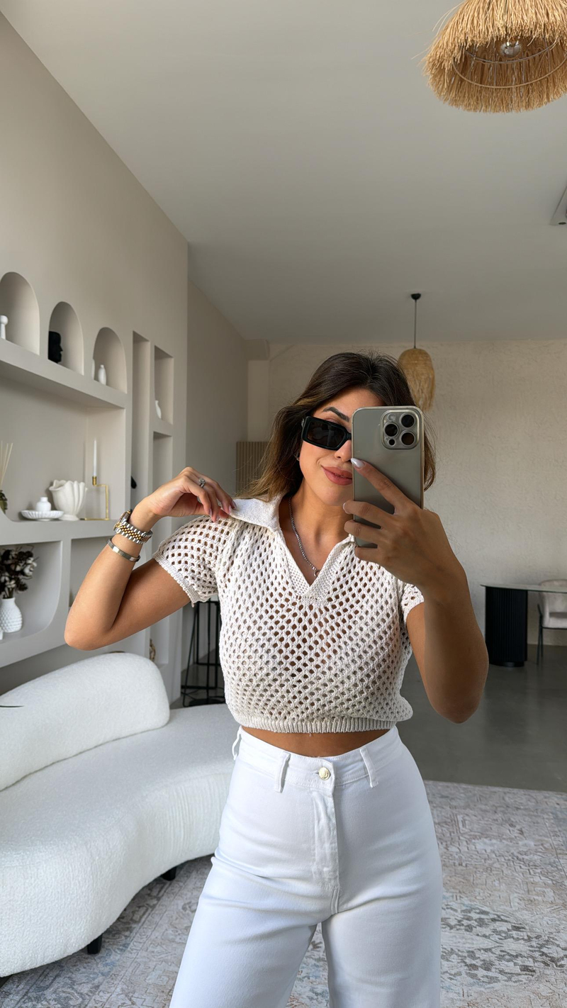 Ajur Kısa Kol Crop Bluz