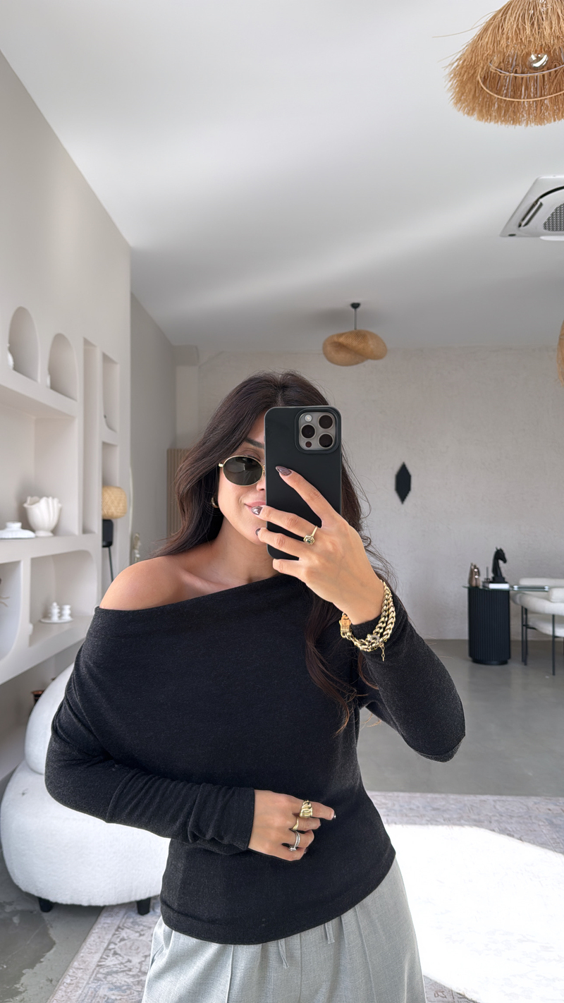 Antrasit Buzzy Omzu Açık Bluz