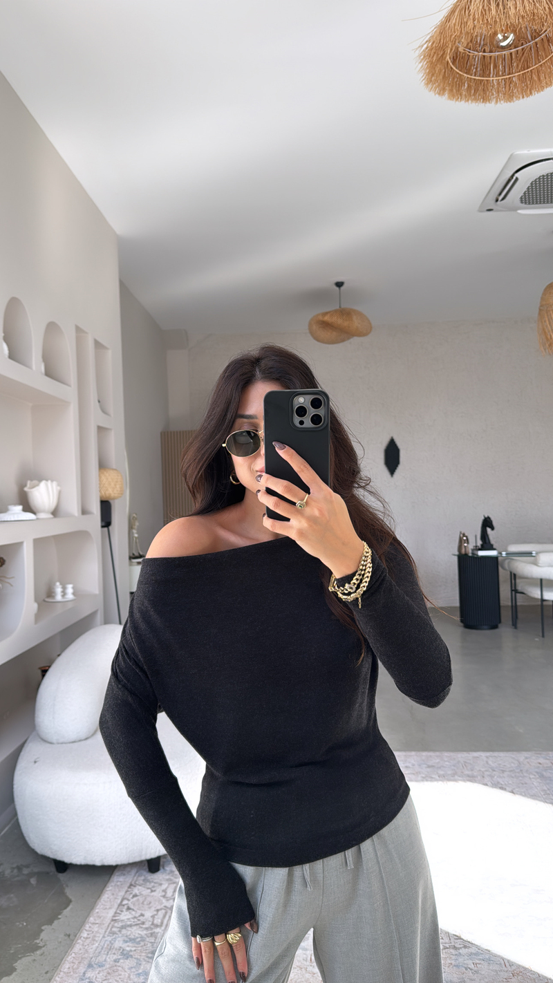 Antrasit Buzzy Omzu Açık Bluz