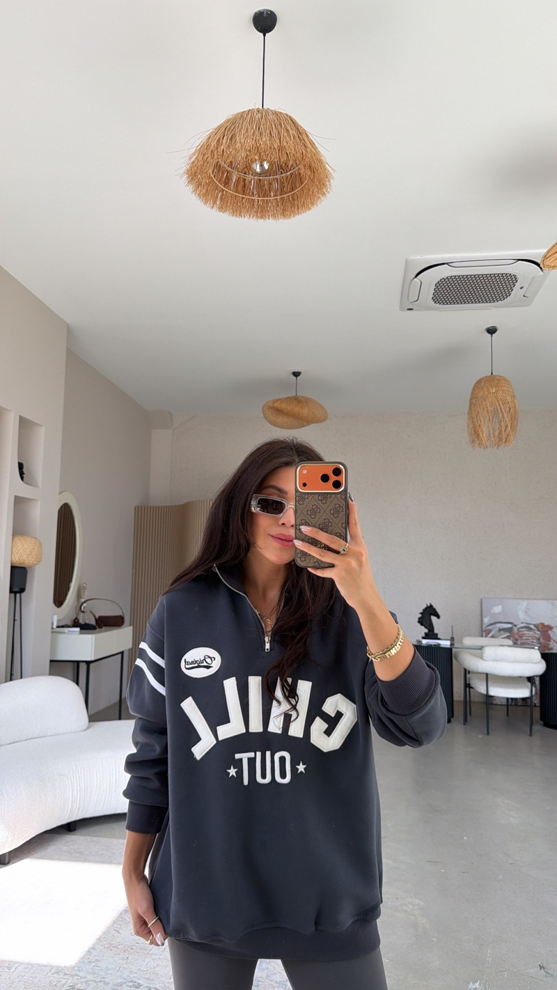 Antrasit Chill Out Üç İplik Şardonlu Sweatshirt