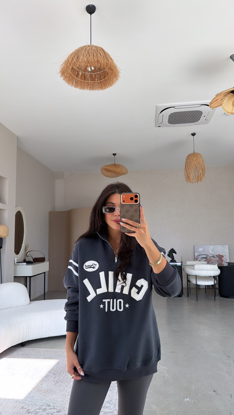 Antrasit Chill Out Üç İplik Şardonlu Sweatshirt