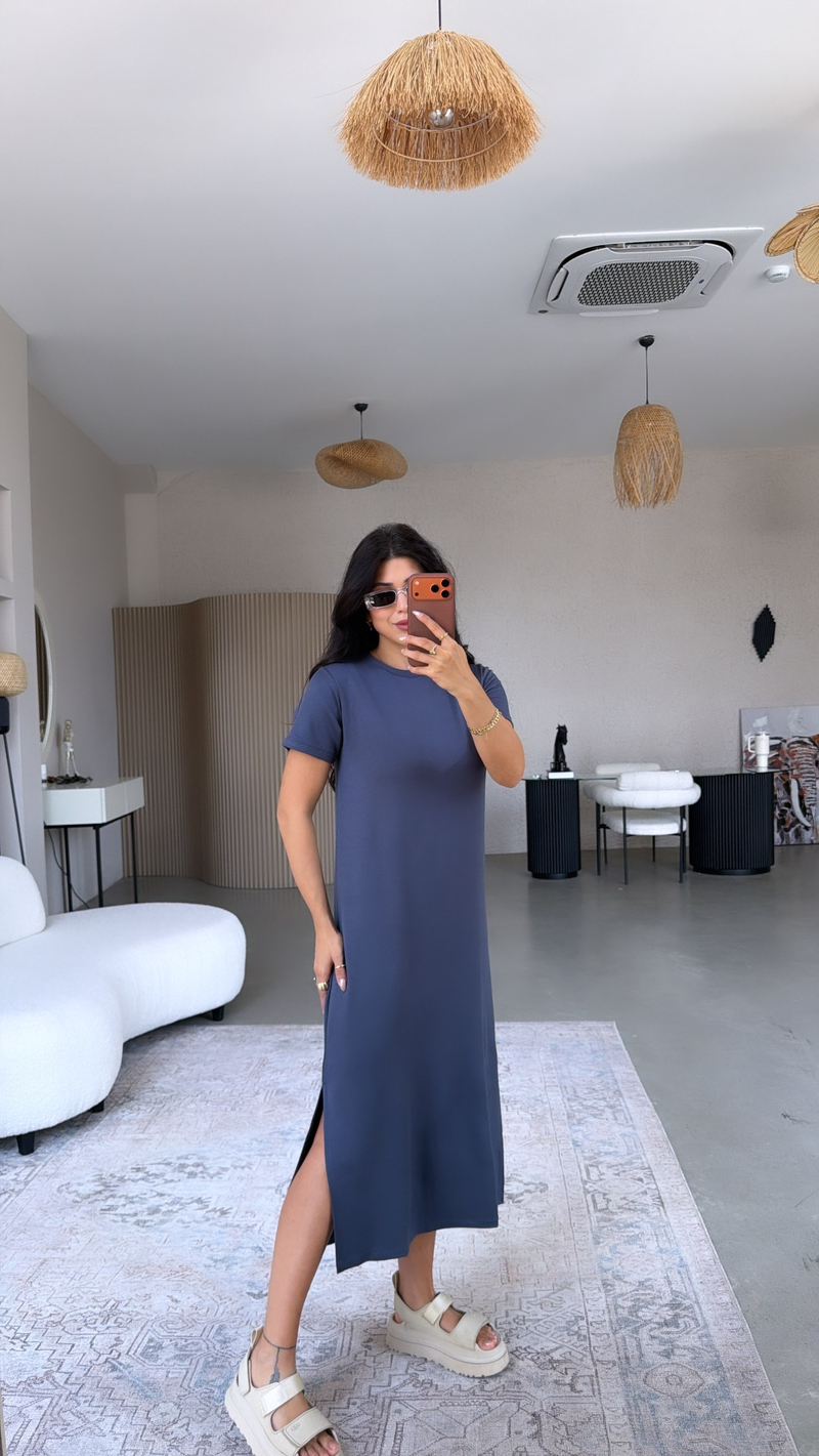 Antrasit Çift Yırtmaçlı Basic Modal Elbise