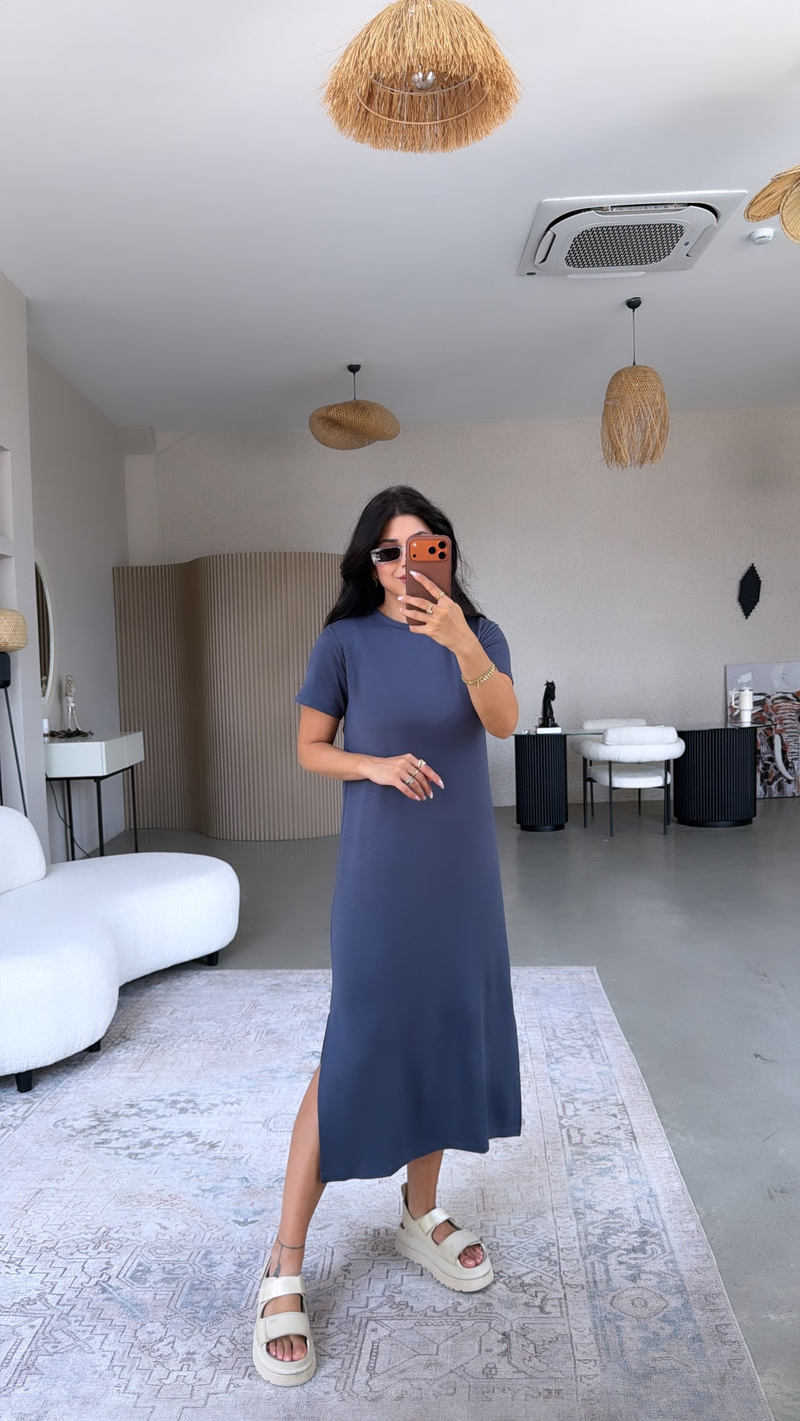 Antrasit Çift Yırtmaçlı Basic Modal Elbise