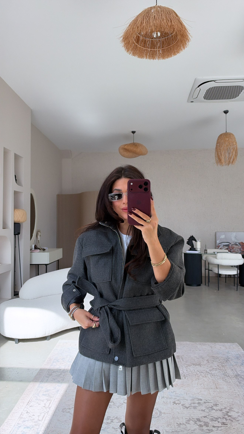 Antrasit Fermuarlı Cepli Kaşe Mont