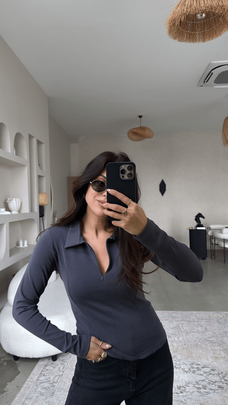 Antrasit Fermuarlı Yakalı Modal Bluz