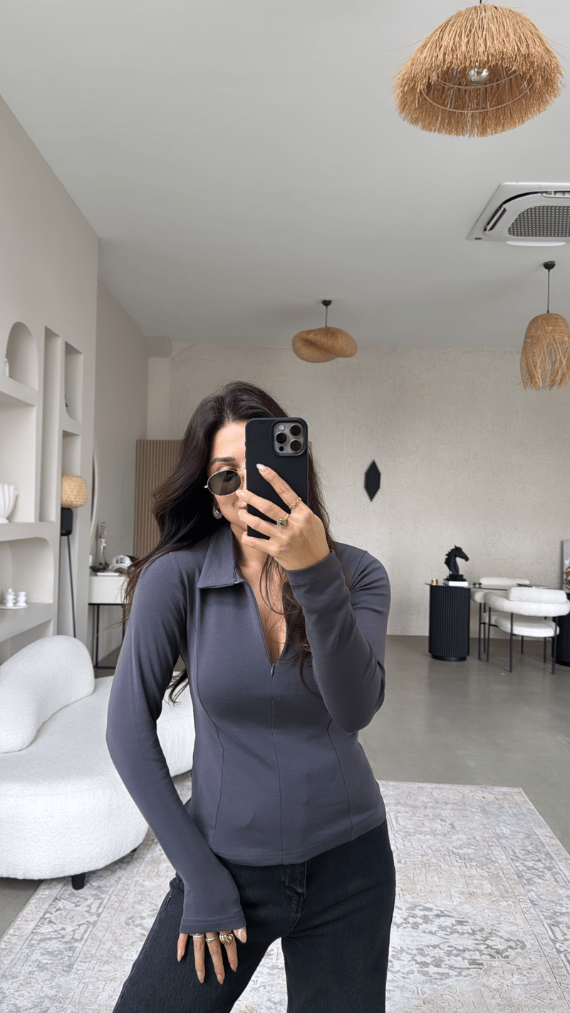 Antrasit Fermuarlı Yakalı Modal Bluz