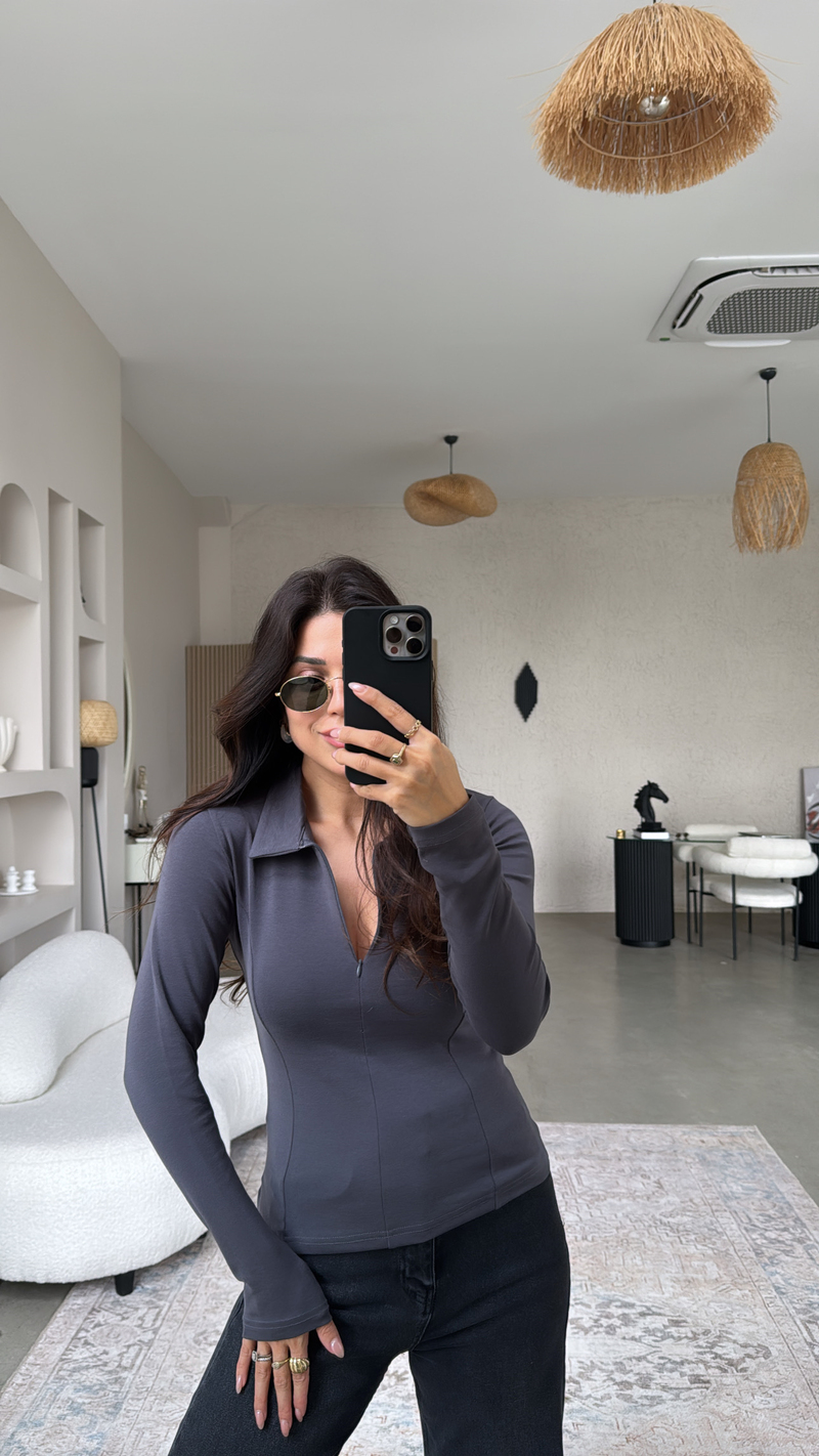 Antrasit Fermuarlı Yakalı Modal Bluz